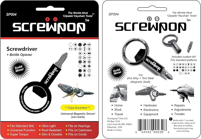 Screwpop Screwdriver Universal Magnetic Bit Holder for Keychain | Carabiner Multi-Tool Bottle Opener (Includes Removable Double-Sided Phillips and Flathead Bit)