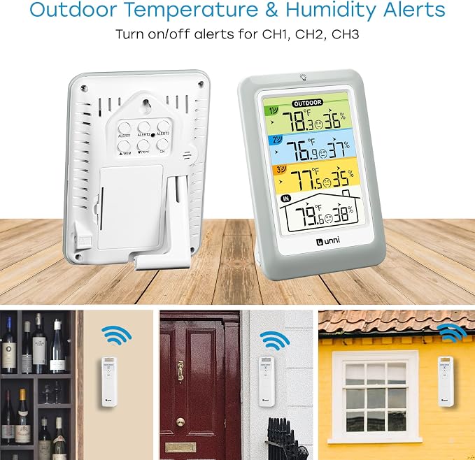 Indoor Outdoor Thermometer Wireless 4.5 Inch Display Digital Hygrometer | Temperature Humidity Monitor with 330ft Range Sensor and Adjustable Backlight with 3 Sensors (Colorful)