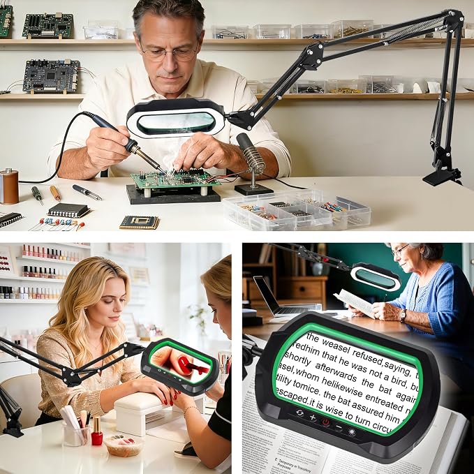 12X Rectangle 3-Section Magnifying Glass with Light and Clamp-Green | 5 Color Mode & Stepless Dimming LED Lamp, Ultra Long Hands-Free Lighted Magnifier for Workbench Reading Craft Hobby Sewing