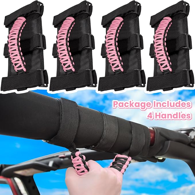 4 x Roll Bar Grab Handles Grip Handle for Jeep Wrangler JK JKU JL JLU TJ YJ Sports Sahara Freedom Rubicon Unlimited Gladiator JT 1955-2023 UTV ATV Premium 550 Paracord Interior Accessories (Pink)