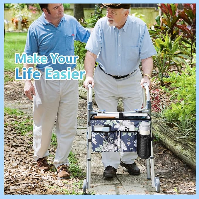 Rhino Valley Walker Bag, Multi Pockets Folding Walker Basket Tote Bag with Cup Holder, Hand-free Carry Pouch Storage Bag for Universal Walkers, Large Capacity Organizer for Seniors Elderly,Blue Cosmos