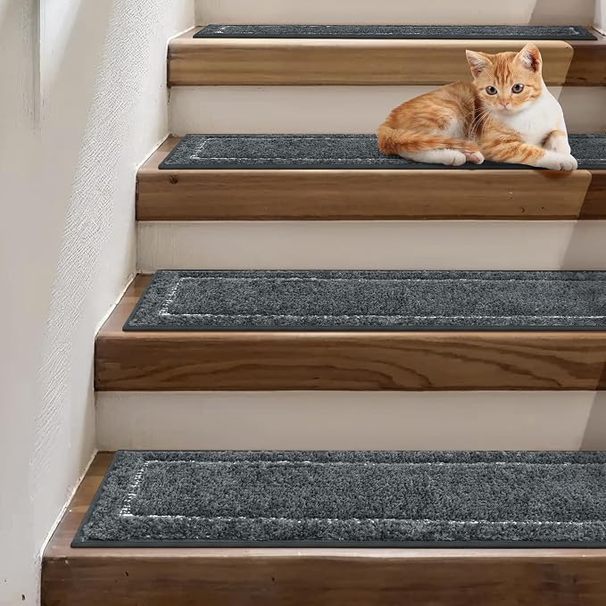 sarben 8"x30" Non Slip Stair Treads for Wooden Steps 15Pk, Charcoal Border | Peel and Stick Carpet Stair Runner with TPE Adhesive Backing, Carpet for Added Safety, Pet and Senior Friendly