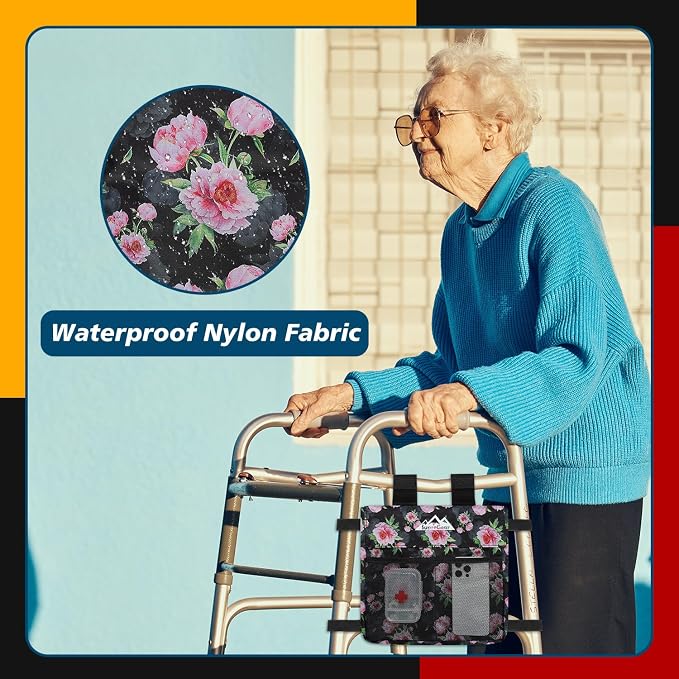 supregear Walker Side Bag, Multi Pocket Storage Pouch for Folding Walker, Water Resistant Lightweight Hand Free Carrier Tote, Universal Size Seniors Caddy Attachment