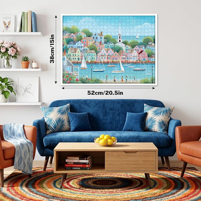500 Piece Jigsaw Puzzle for Adults, Coastal Harbor Town | Coastal harbor town with sailboats, pastel houses, seaside views, poster, storage bag, back letters and thick cardboard