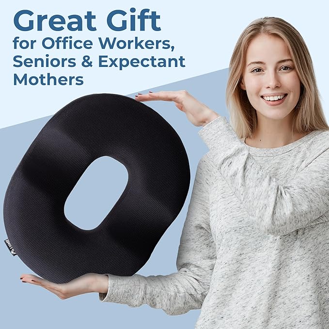 5 STARS UNITED Donut Pillow Hemorrhoid Tailbone Cushion โ Large Cushion for Pain Relief โ Coccyx, Prostate, Sciatica, Pelvic Floor, Pressure Sores, Pregnancy, Postpartum Recovery, Black