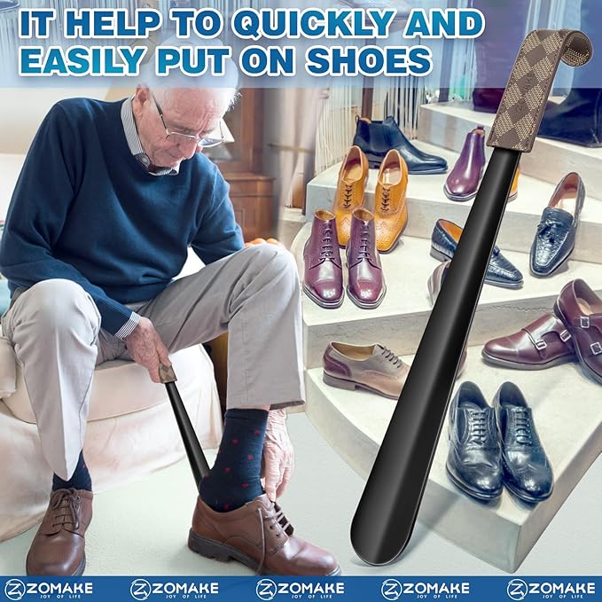 ZOMAKE Shoe Horn Long Handle for Seniors Men Women,Metal Long Shoehorn for Boots,16.5" Shoe Spoon Helper(Block Handle)