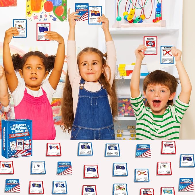gisgfim 100 PCS Memory Matching Game Flags of U.S. States Concentration Memory Card Educational Cards Games Geography Learn States Capitals Game Gift for Kid Adults Learning Activities Matching Games