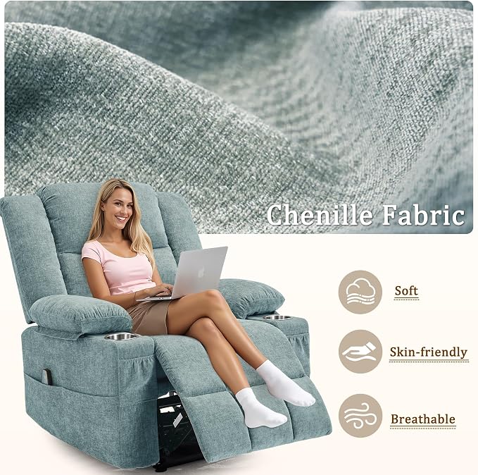 Korser Recliner Chair, Wall Hugger Recliners for RV with Massage and Heating, Zero-Gravity Recliner, Electric Power Recliner Chair for Living Room, Bedroom, Home, Theater Seating (Lakeblue)