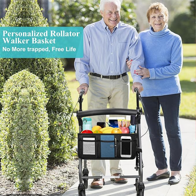 Dotday Rollator Basket, Rollator Walker Bag with Cup Holder | Folding Rollator Walker Storage Bag, Easy to Use Rollator Accessories for Seniors, Big Capacity & Never Tipping Over