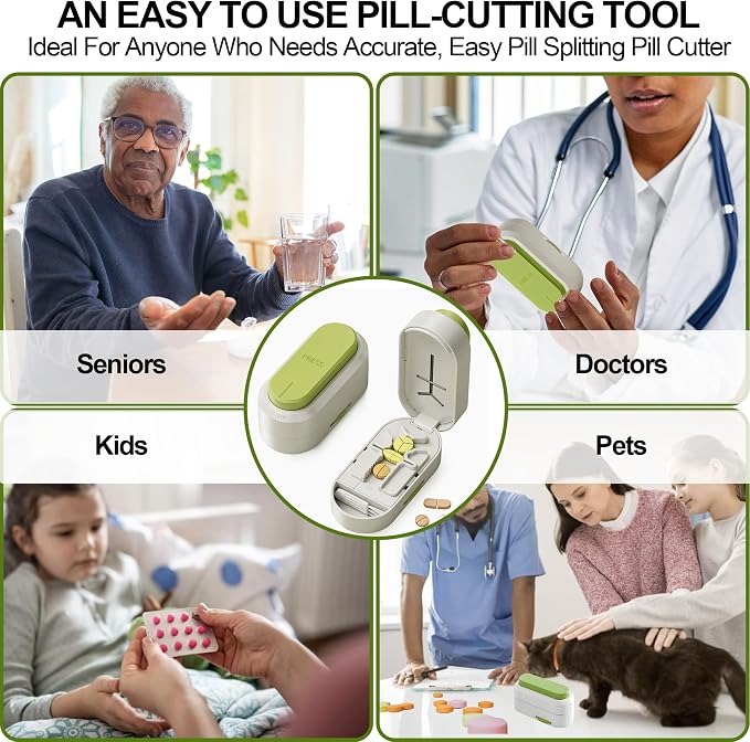 Pill Cutter Splitter for Small and Tiny Pills, Vertical Push Down Cut Pill Cutter 1/4 1/3 1/2, Accurate Pill Cutter for Small or Large Pills with Storage Cleaning Brush Pill Crushers for Elderly Pets