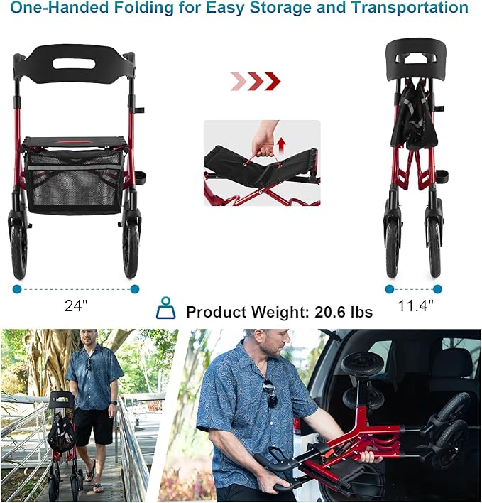 Rollator Walker with Seat, Tall Walkers for Seniors, 12" Big Rubber Wheels All Terrain Rollator Walker with Backrest, Built-in Cable, Foldable and Dual Adjustable Height for 5.3-7ft, Red