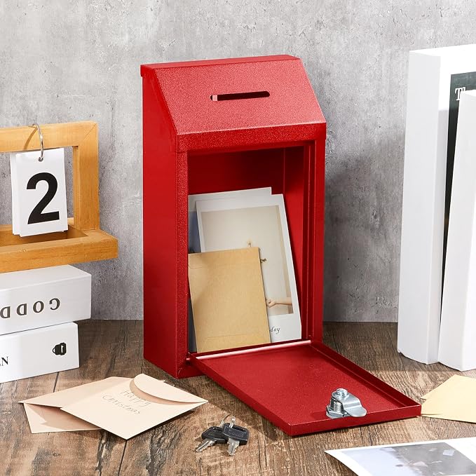 Yaocom Metal Money Box,Red,10.24 x 5.71 x 2.95 Inch,No Lid | Wall Mounted Drop Donation Cash Box for Farm Stand Collection Safe Suggestion Box with Lock Container for Home Office Outdoor