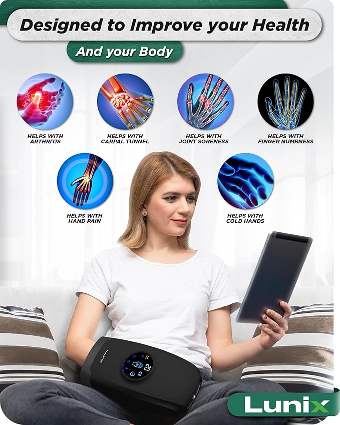 Lunix LX7 Electric Hand Massager with Compression, Pressure Point Therapy for Arthritis, Pain Relief and Carpal Tunnel, Shiatsu Massage Machine with Heat, with Hand Warmer, Black
