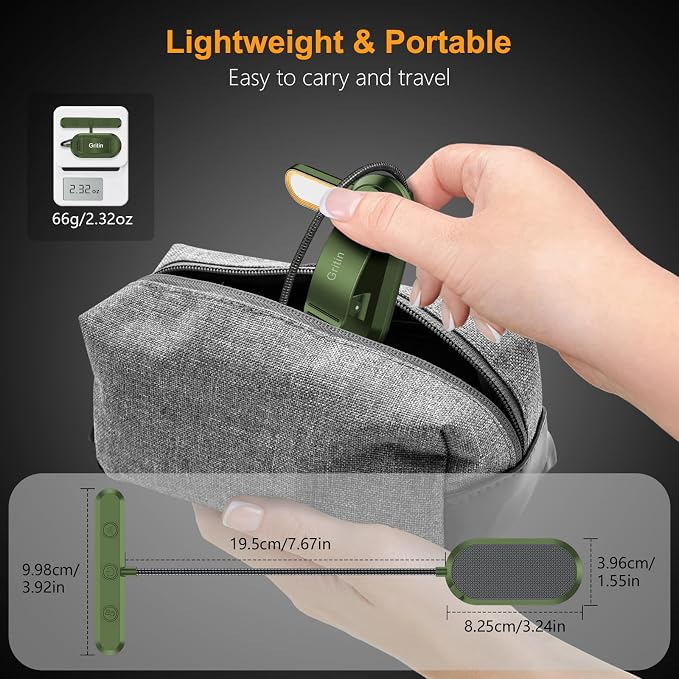 Gritin Rechargeable Book Light for Reading in Bed with 19 LED | Eye Caring 3 Color Temps, 5 Brightness Levels, Memory Function, 90 Hrs Runtime Flexible Goose Neck Clip on Light-Deep Green