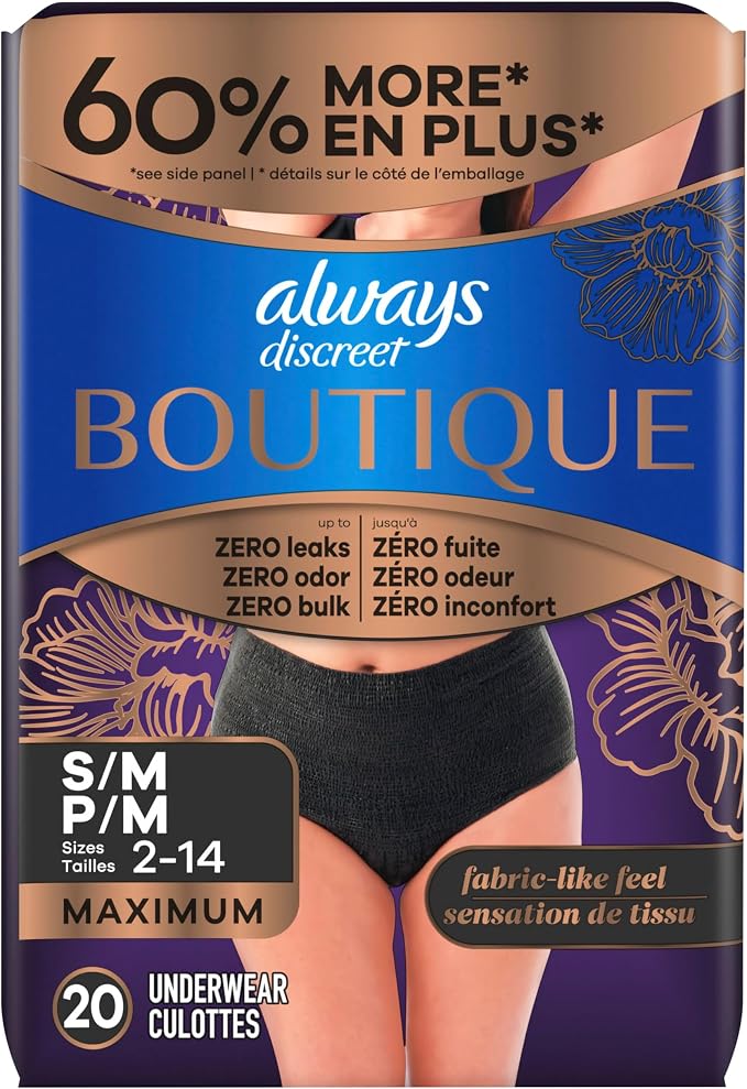 Always Discreet Boutique Incontinence and Postpartum Underwear for Women, Maximum Protection, Small/Medium, Black, 20 Count