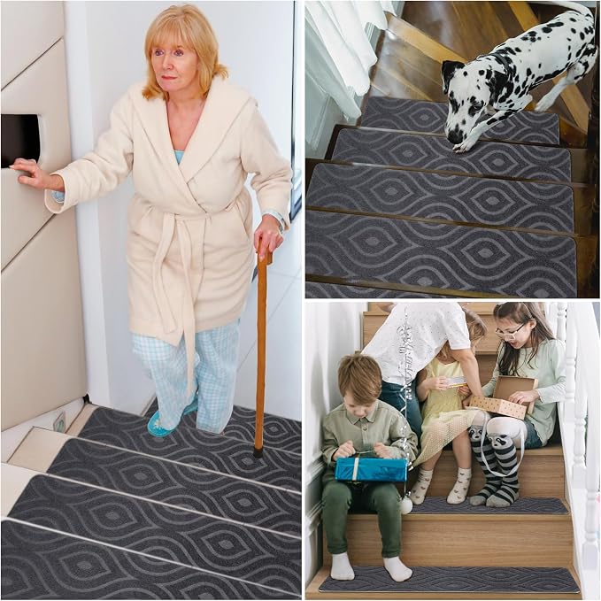 Stair Treads for Wooden Steps 15pcs 8x30in Non-Slip Stairs Carpet Runner | Indoor Stair Mats for Kids Elders and Pets