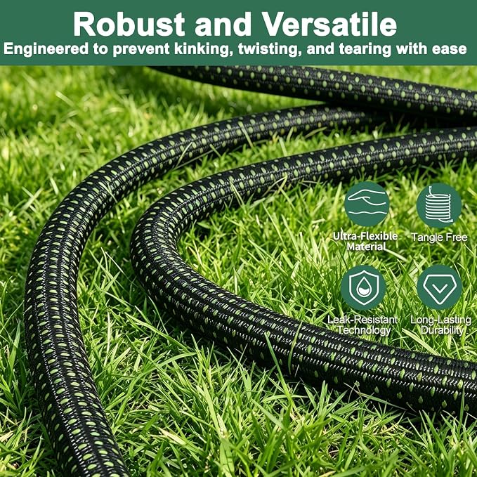 25FT Flexible Garden Hose & 10Modes Nozzle,Lightweight Water Hose,Kink-Free,All-Weather 3/4 in. Hose for RV,Boat,Car Wash,Garden,Yard,Camper,Outdoor None Expanding (Green-Black,25 Feet)