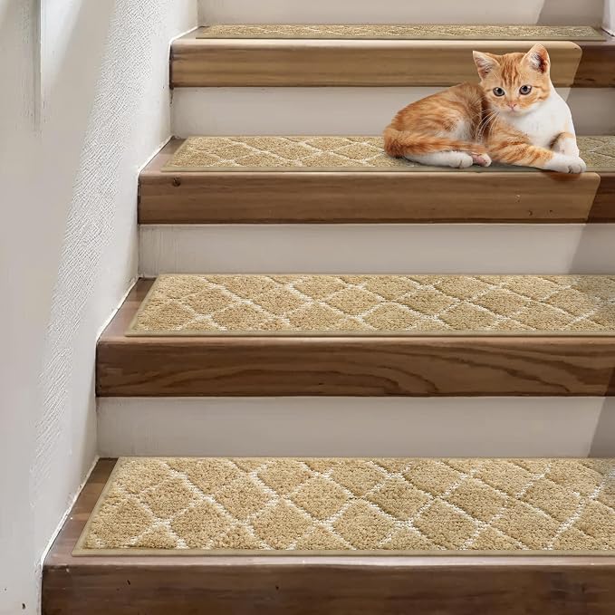 sarben 8"x30" Non Slip Stair Treads for Wooden Steps 15 Pack, Tan White | Peel and Stick Carpet Stair Runner with TPE Adhesive Backing, Carpet for Added Safety, Pet and Senior Friendly