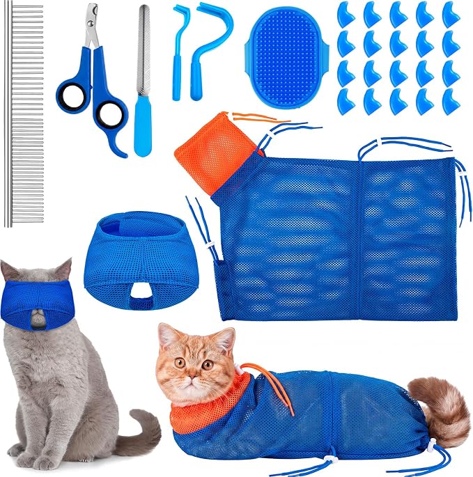 9 Pcs Cat Bathing Bag Set Cat Shower Bag Anti Bite and Scratch for Pet Grooming Washing Brush Comb Muzzle Nail Clipper Nail File Tick Tool (Navy Blue)