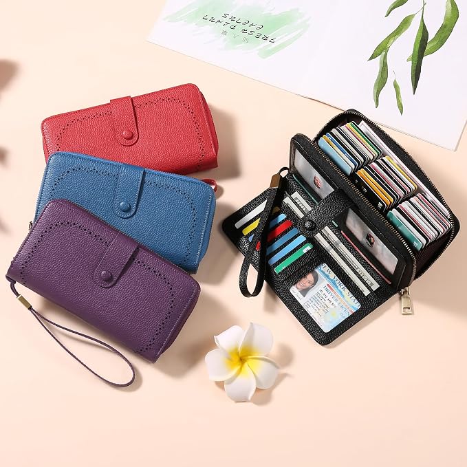 GAEKEAO Leather Credit Card Holder Wallet for Women RFID Blocking Large Capacity Bifold Zipper Card Case Organizer with Wristlet 45 Slots