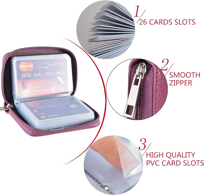 Easyoulife Genuine Leather Credit Card Holder Zipper Wallet With 26 Card Slots