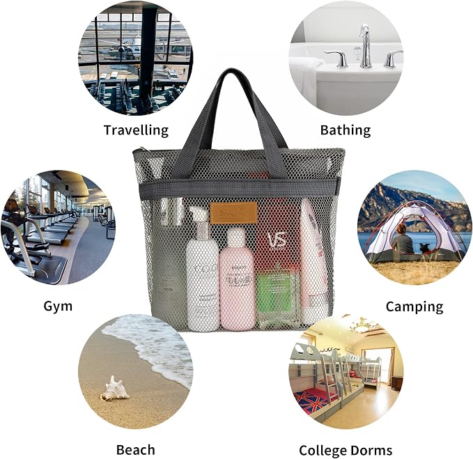 TOPASION Mesh Shower Caddy Bag Portable Hanging Toiletry and Bath Organizer with Zipper for Travel, Gym, Camping, College Dorms, Beach