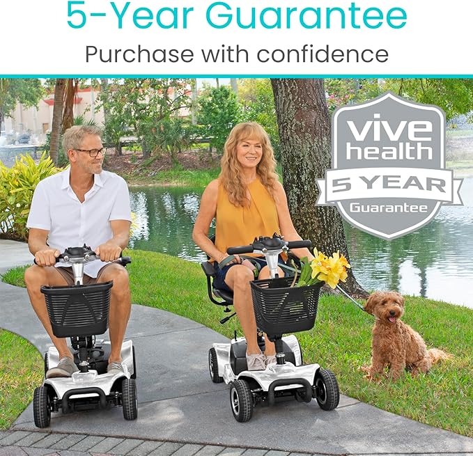 Vive 4 Wheel Mobility Scooter - Electric Powered Wheelchair Device - Compact Heavy Duty Mobile for Travel, Adults, Elderly - Long Range Power Extended Battery with Charger & Basket
