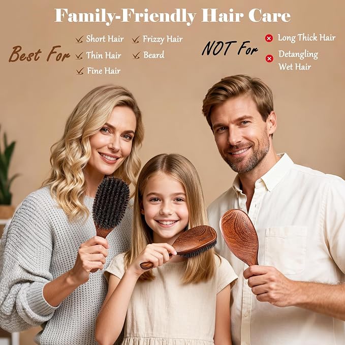Boar Bristle Hair Brush Set, Large and Mini, Since 1965 British Craftsmanship Handmade Natural Wooden, Pure Soft Bristles, Gentle Detangling for Women Men Kids, Thin Fine Hair, Smooth & Shine