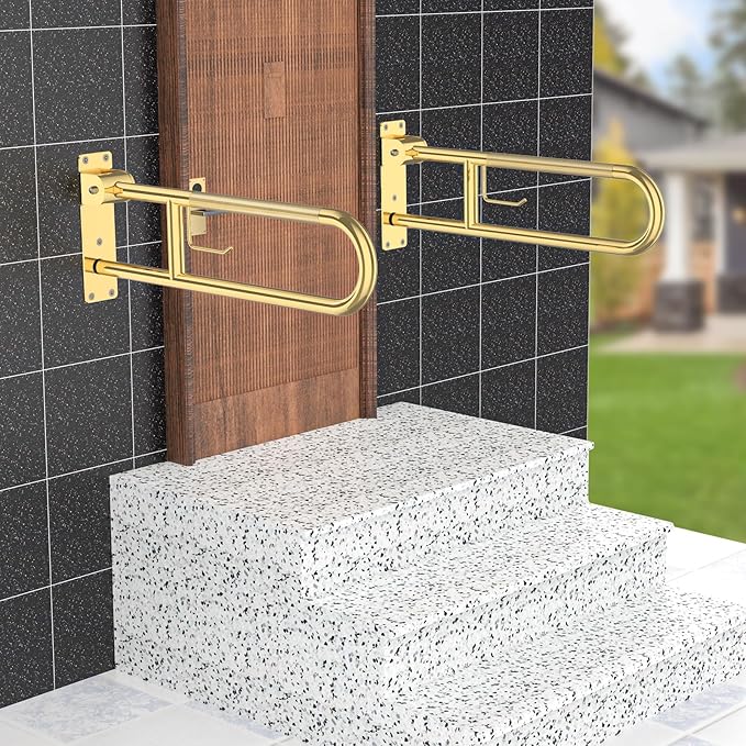 Toilet Grab Bar 22.4 Inch Gold, Munzong Anti-Slip Handicap Grab Bars with Paper Holder, Flip-Up Bathroom Safety Rails, Stainless Steel Knurled Support handrails for Seniors Elderly Disabled Pregnant