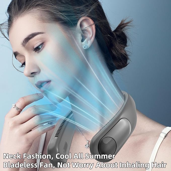 Portable Neck Fan, Personal Wearable Bladeless Fan for Outdoor Indoor, LED Display, 360° Cooling, 4-Speeds, 6000mAh USB Rechargeable, Birthday Gifts for Men Women Dad Mom (Dark grey)