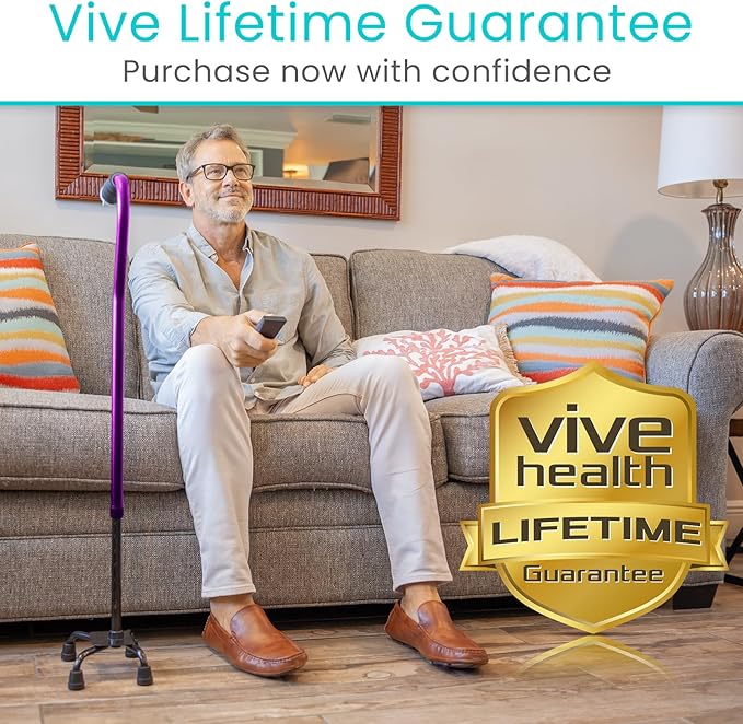 Vive Quad Cane - Walking Stick for Men and Women - Lightweight Adjustable Staff - Comfortable Right and Left Hand Grip for Stability Support - Four Prong Sturdy Aluminum Travel Aid - 4 Tip