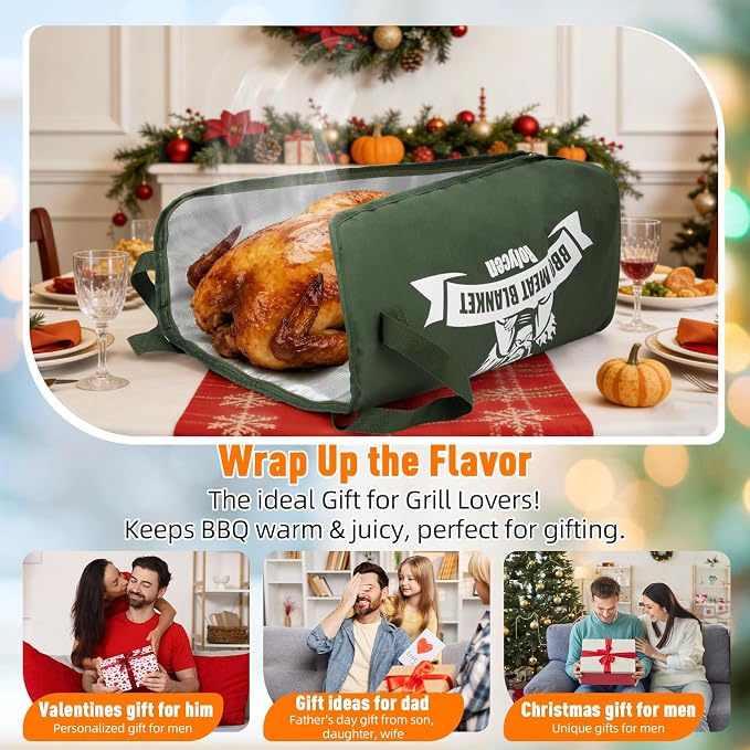 Upgraded BBQ Blanket for Resting Meat -Smoker Accessories Insulated Meat Resting Bag with Wide Mouth for Brisket/Steak/Pork Shoulder/Turkey - BBQ Accessories Grilling Gifts for Men (Green, 23inch)