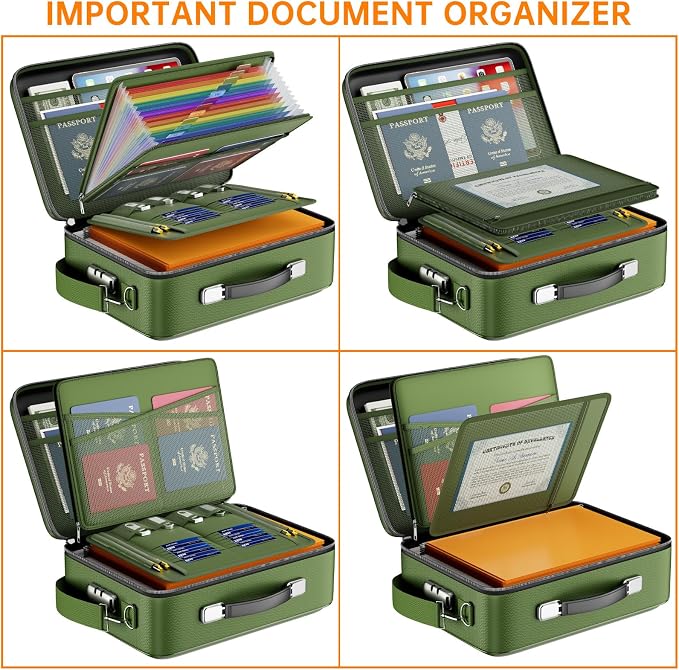 DocSafe Fireproof Document Box Hard Case with Lock & Accordion File Folder | Fire and Water Resistant Safe Box,File Organizer,Multi-Pocket,Home Office Travel Storage for Important Document,Laptop,Green