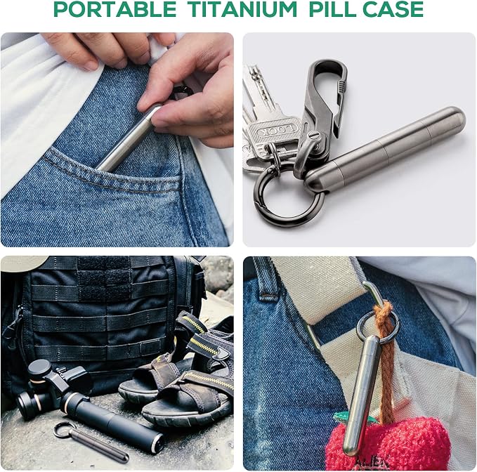 TISUR Small Keychain Pill Holder, Titanium Pill Case Waterproof Pill Fob for Travel Purse Pocket, Portable Pill Container Box Pill Organizer Tube | Waterproof Pill Fob,Portable Pill Box Container,Purse Pill Organizer Tube