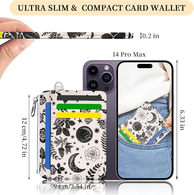 Hancynir Goth Moon Floral Wallet Women Credit Card Holder, Wristlet RFID | Gothic Keychain Lanyard Wallet, Travel Zipper Coin Pocket, Ladies Gifts Women, Minimalist Card Case, 6 Card Slots, PU Leather
