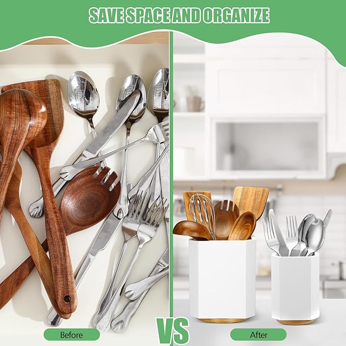 2 Pack Wooden Utensil Holder, 360°Rotating Kitchen Cooking Utensil Crock, Spoon Spatula Holder for Kitchen Counter, Farmhouse Countertop Organizer(White,Square)