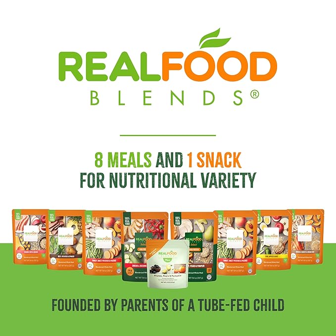 Real Food Blends Turkey, Sweet Potatoes & Peaches - Pureed Food Meals for Tube Feeding with Protein, Vegetables & Fruits - 320 Calories for Lunch & Dinner - 9.4 oz (Pack of 12)