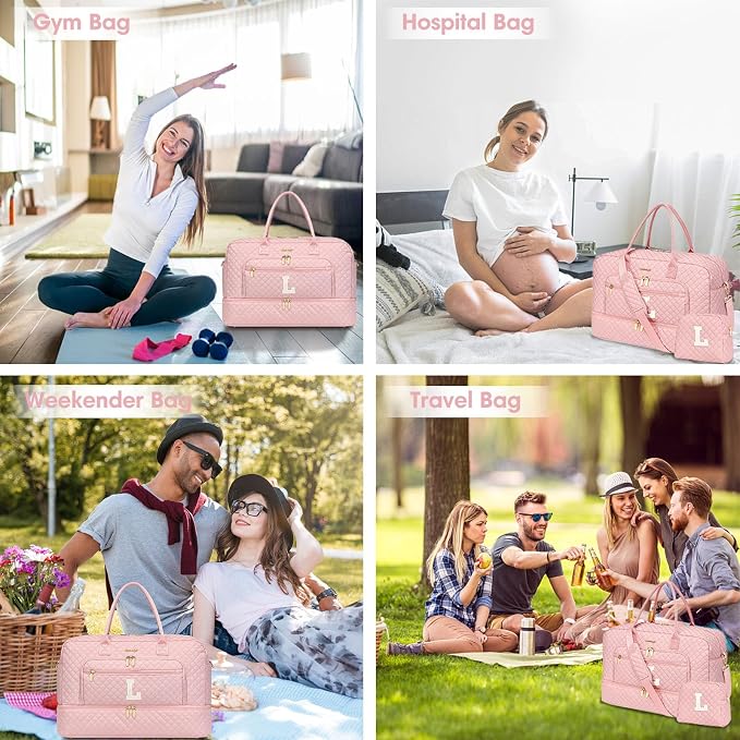 Initial Travel Duffle Bag for Women - Pink Personalized Weekender Bags Overnight Bag with Shoe Compartment & Wet Pocket Weekend Tote Bags with Toiletry Bag Monogram Xma Gifts (Letter L)
