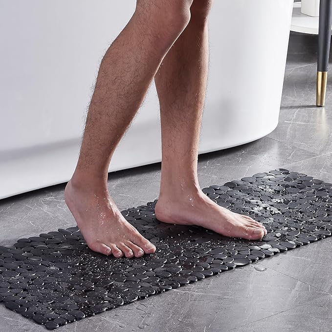 Bath Shower Mat Non Slip: Extra Large Pebble Bathtub mat for Families, Anti Slip Shower Matt with Drain Holes Suction Cups Tub Mat - 16 X 40 Inch Black