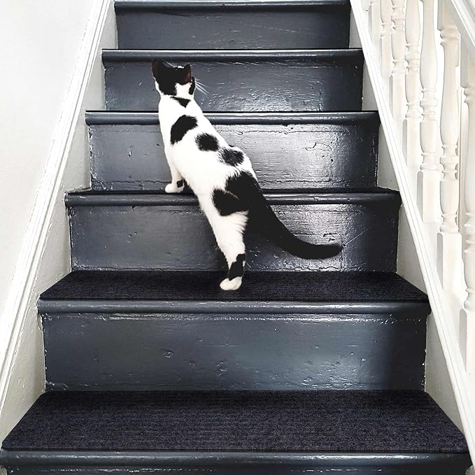 7 PCS Non Slip Stair Treads for Wooden Steps – 8"x30" Indoor Non Slip Stair Treads, Carpet Stair Mats with Self-Adhesive Backing, Removable & Machine Washable – Dark Grey