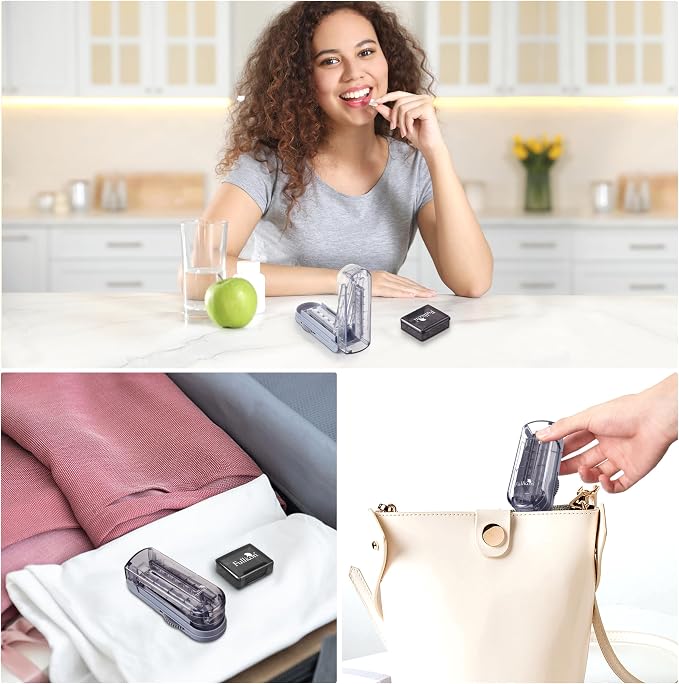 Fullicon Multiple Pill Cutter - Adjustable for Small Pills With Accurate Alignment, Stainless Steel Cutting Blade & Guard, Splitter With Free Brush & Box (Grey)