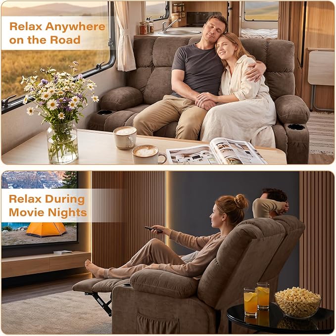 Oversized Fabric Reclining Loveseat Sofa for Living Room with Cup Holders | 2-seat recliner sofa with side pockets, padded seats and adjustable footrests for home theater, family room and relaxation