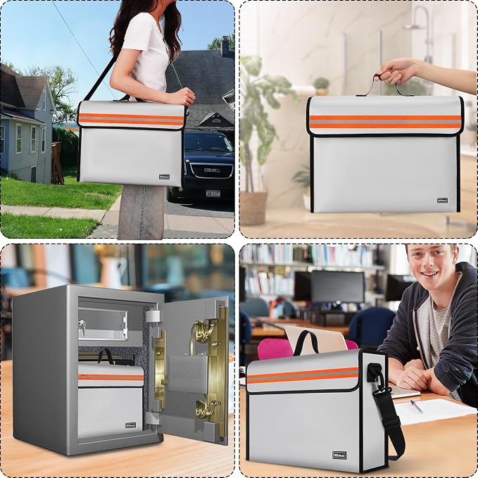 Fire Proof File Box for Documents with Shoulder Strap 5200℉ Insulated,14.9"x11.8"x4.7"Fireproof Document Bag with Reflective Strip,Fireproof Box for Money,Valuables,Jewelry(Silver)