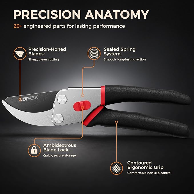 VOTREK® Bypass Pruning Shears, 8.5" Jam-Proof Spring Clippers for branches | Sharp & Anti-Rust SK5 Blade, Ergonomic Non-Slip Grip for Weak Hands, Garden Pruner for Rose, Bonsai, Heavy Duty Tree