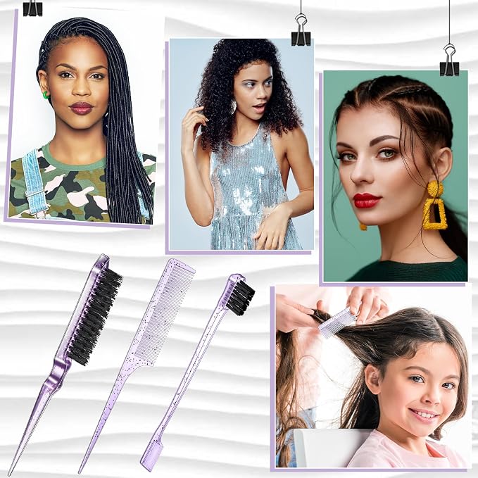 Geiserailie 3 Pcs Slick Back Hair Brush Set Bristle Brush Edge Control Teasing Comb for Women Black Hair(Clear Purple)
