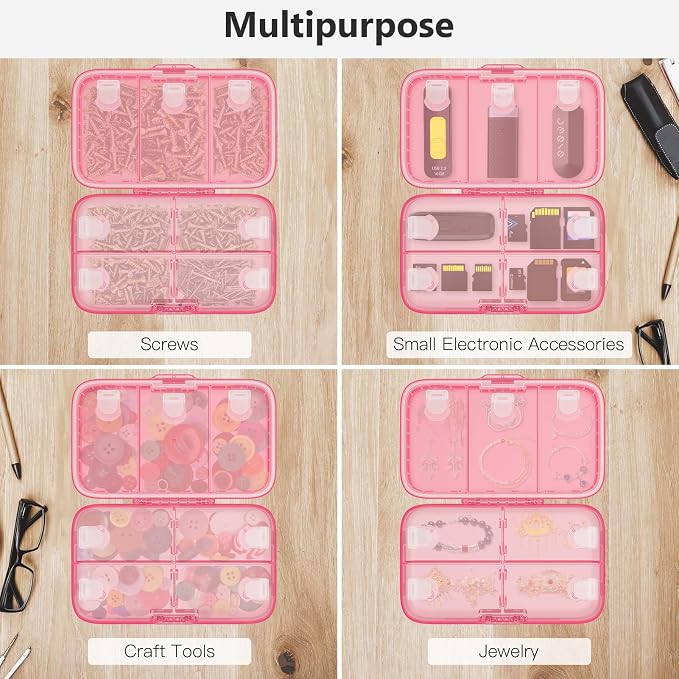 FYY Weekly Pill Organizer with Labels,8 Compartments Travel Daily Pill Case Airtight Moistureproof Large Pill Box to Hold Vitamins, Fish Oil, Supplements,Cotton Swab and Bandages-Hot Pink