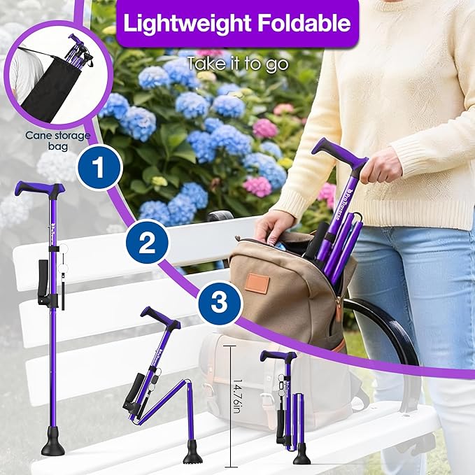 Walking Cane for Men & Women,Foldable,Adjustable,Self Standing Cane with Second Handle,350lbs Heavy Duty,All Terrain,Collapsible Walking Sticks for Seniors & Adults,Purple