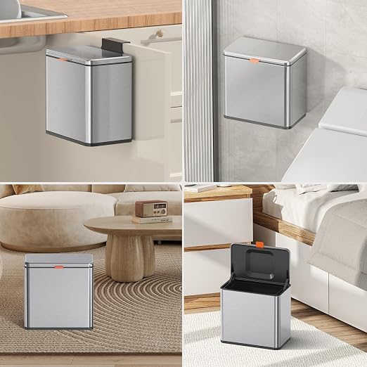 Mbillion 1.05 Gal Silver Hanging Stainless Steel Compost Bin | 4L trash can with lid, cabinet & under sink door mount design, for kitchen, RV and bathroom food waste storage