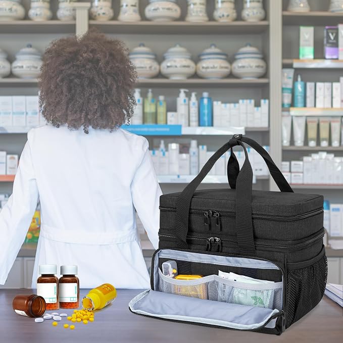 CURMIO Double Layers Pill Bottle Organizer, Medicine Storage Case, Black | Emergency Medical Supplies for Home Care, for First Aid Kits, Multifunctional Bag, Home Storage, Dormitory, Travel, Empty Bag