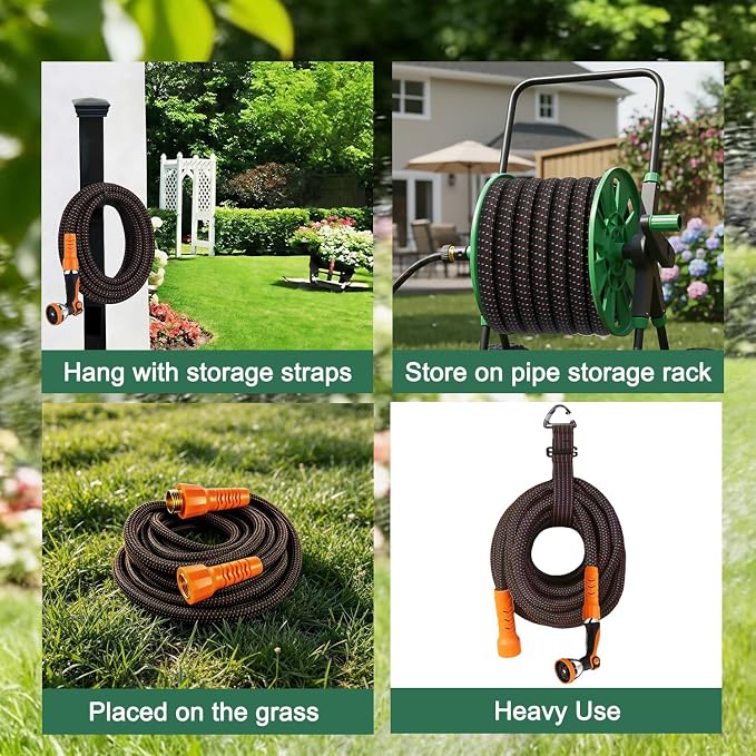 25FT Flexible Garden Hose & 10Modes Nozzle,Lightweight Water Hose,Kink-Free,All-Weather 3/4 in. NoneExpanding Hose for RV,Boat,Car Wash,Garden,Yard,Camper,Outdoor (Orange-Black, 25 Feet)